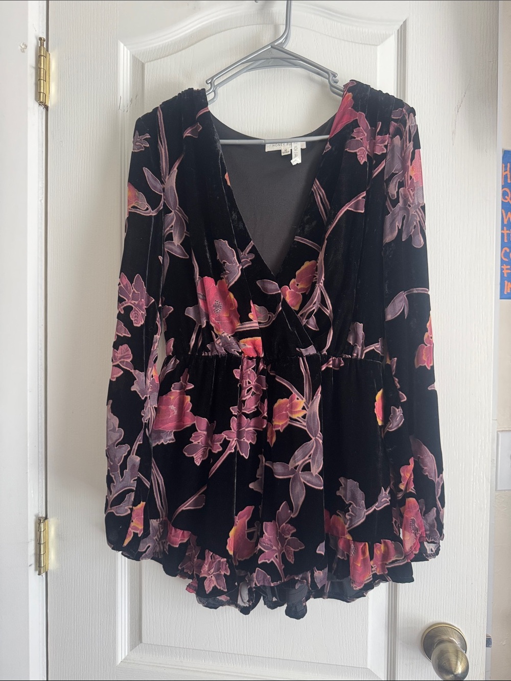 Honey Punch Black Velvet Floral Wrap Tunic Romper
